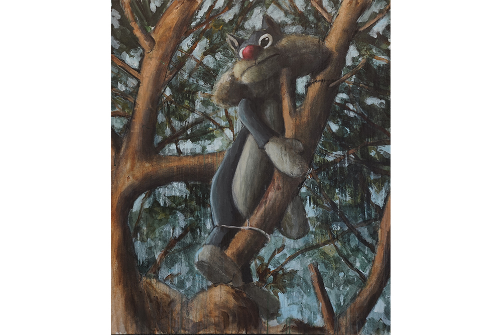 web-Sylvester tied to a tree 2021 acrylic on linen 130 x 110 cm